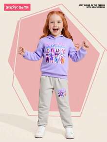 SHEIN Playful Pals 舒适秋冬款式，少女休闲时尚创意个性清新简约可爱虚拟女团角色标语印花连帽衫和运动裤套装，舒适穿搭 - 彩色 - 查看 7