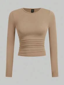 SHEIN EZwear Áo thun nữ tay dài cổ tròn dáng suông, chất liệu dệt kim, có chi tiết nhún bèo, màu trung tính, nhiều mẫu, áo tay dài, áo croptop, áo ôm sát, áo tay dài nữ. - Nhiều màu - Xem 3