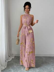 Elenzga Mono de pierna ancha elegante y romántico con cuello de volantes sin mangas para mujer, ideal para Halloween - Rosa - Ver 3