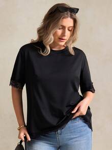 Elegantrix Plus Size Women's A-Line Contrast Lace Casual T-Shirt, Spring/Summer - Black - View 2