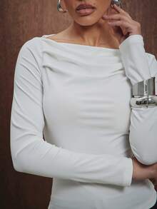 Hauture Blusa de punto convertible de manga larga con hombros descubiertos a cuello barco para mujer - Blanco - Ver 5