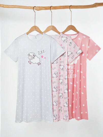 2件套女童可爱绵羊图案舒适休闲睡衣，圆领短袖长款睡裙