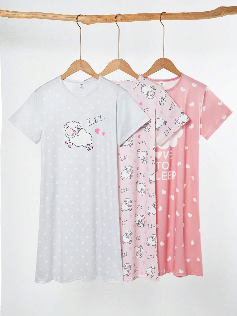 Set de 2 piezas Pijama casual cómodo con estampado de ovejas lindas para niñas, camisón largo de manga corta y cuello redondo
