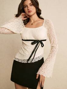 Poéselle 女士象牙色蕾丝方领上衣，薄纱长袖衬衫，饰有缎带蝴蝶结，浪漫复古风，休闲度假春夏秋季情人节外出上衣 - 杏色 - 查看 5