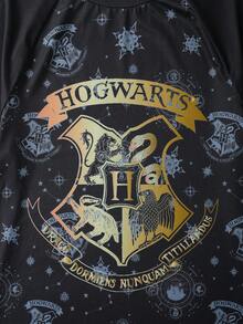 HARRY POTTER X SHEIN Vestido de dormir feminino casual com estampa total, gola redonda e mangas curtas, ideal para o verão, modelo Moo Moo Night Dress. - Azul marinho - Ver 4