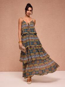 JIAN LASALA All-Over Printed Chiffon Layered Front Tie Women Boho Maxi Dress Vacation Holiday Wear Long Dress Summer Tiered Maxi Dress Boho Maxi Dress Women Long Boho Dress Beach Wedding Guest - Multicolor - View 1