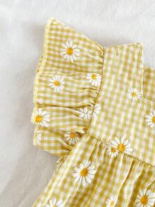 SHEIN Vintaside Kids 女童夏季黄色格子雏菊图案短袖迷你连衣裙，田园风格，清新图案，轻盈廓形，适合户外、休闲和派对穿着 - 黃色 - 查看 8