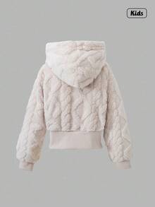 Sweetra 1 件女童连帽长袖拉链前短款针织斑驳夹克，秋季 - 杏色 - 查看 2