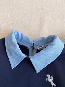 PrepCrw 1pc Young Girls Elegant Urban Versatile 2 In 1 Design Light Blue Collar Dark Blue Long Sleeve Sweatshirt, Suitable For Casual Outings, Gatherings, Holidays, Autumn And Winter - Navy Blue - View 6