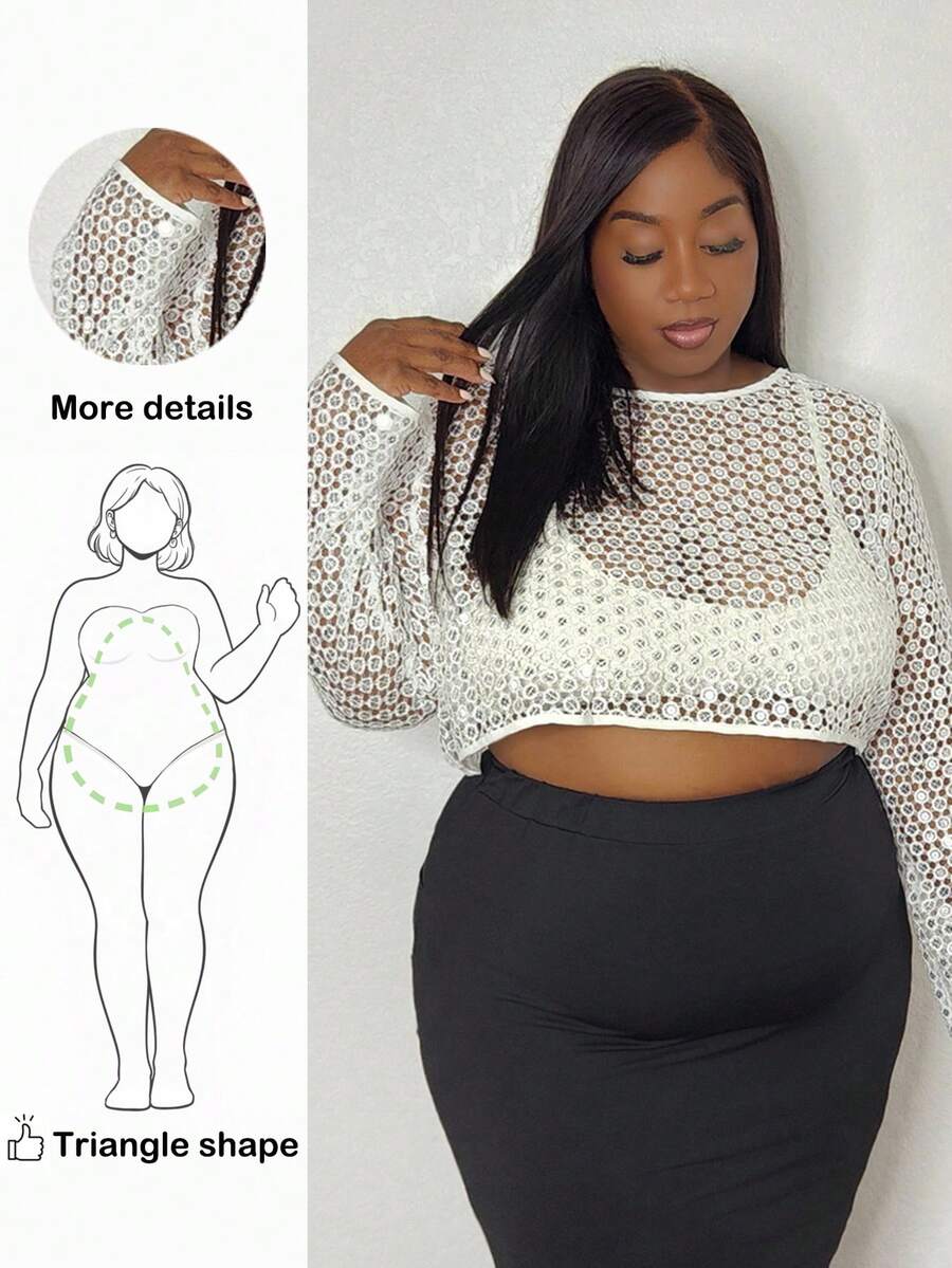 Truni Capa Plus Size Curva para Mulheres Branca, Malha Brilhante e Requintada, Vazada, para Cobertura de Maiô Bikini em Festivais de Música, Decote Redondo, Manga Longa Solta - Branco - Visão 1