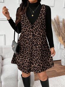 SHEIN Frenchy Elegante set da 2 pezzi da donna con stampa leopardata, adatto per autunno/inverno, Capodanno, feste musicali, colore nero - Castano - Visualizzare 5