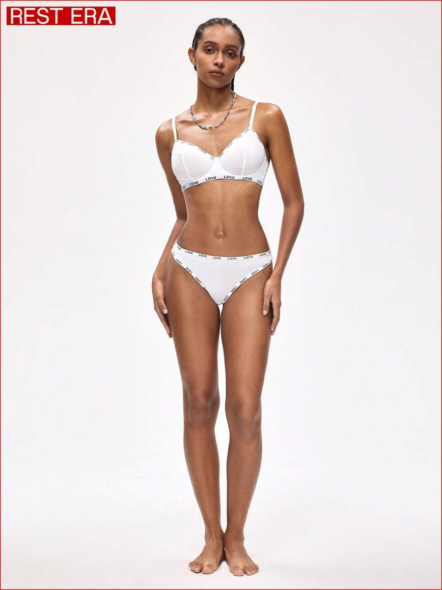 Rest Era Women's Letter Jacquard Underwire Push Up White Bra - White - View 1