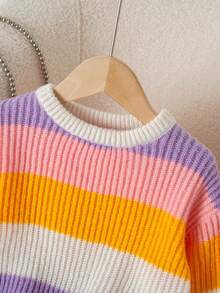 SHEIN 女童条纹印花圆领短款长袖毛衣 - 彩色 - 查看 6