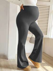 SHEIN Maternity Casual Solid Color Flared Pants With Thermal Lining, Autumn/Winter - Dark Grey - View 3