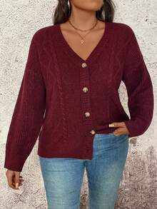 EMERY ROSE Plus Size Women Casual V-Neck Loose Button-Front Cardigan, Solid Color, Suitable For Daily Commute, Autumn/Winter - Burgundy - View 7