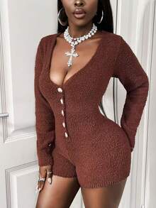 SHEIN BamGlam جمبسوت قصيرة مطابقة للمرأة، كم طويل وياقة على شكل حرف V، لون بيج فاتح أحادي اللون، إغلاق نصف أزرار، جمبسوت كاجوال فينتاج أنيقة - كاكي - مشاهدة 6