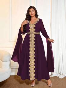 Cravure Plus Size Women's Style Patchwork Extra Long Sleeve Robe, Women's Solid Lace Trim Robe Gown - Multicolor - View 3