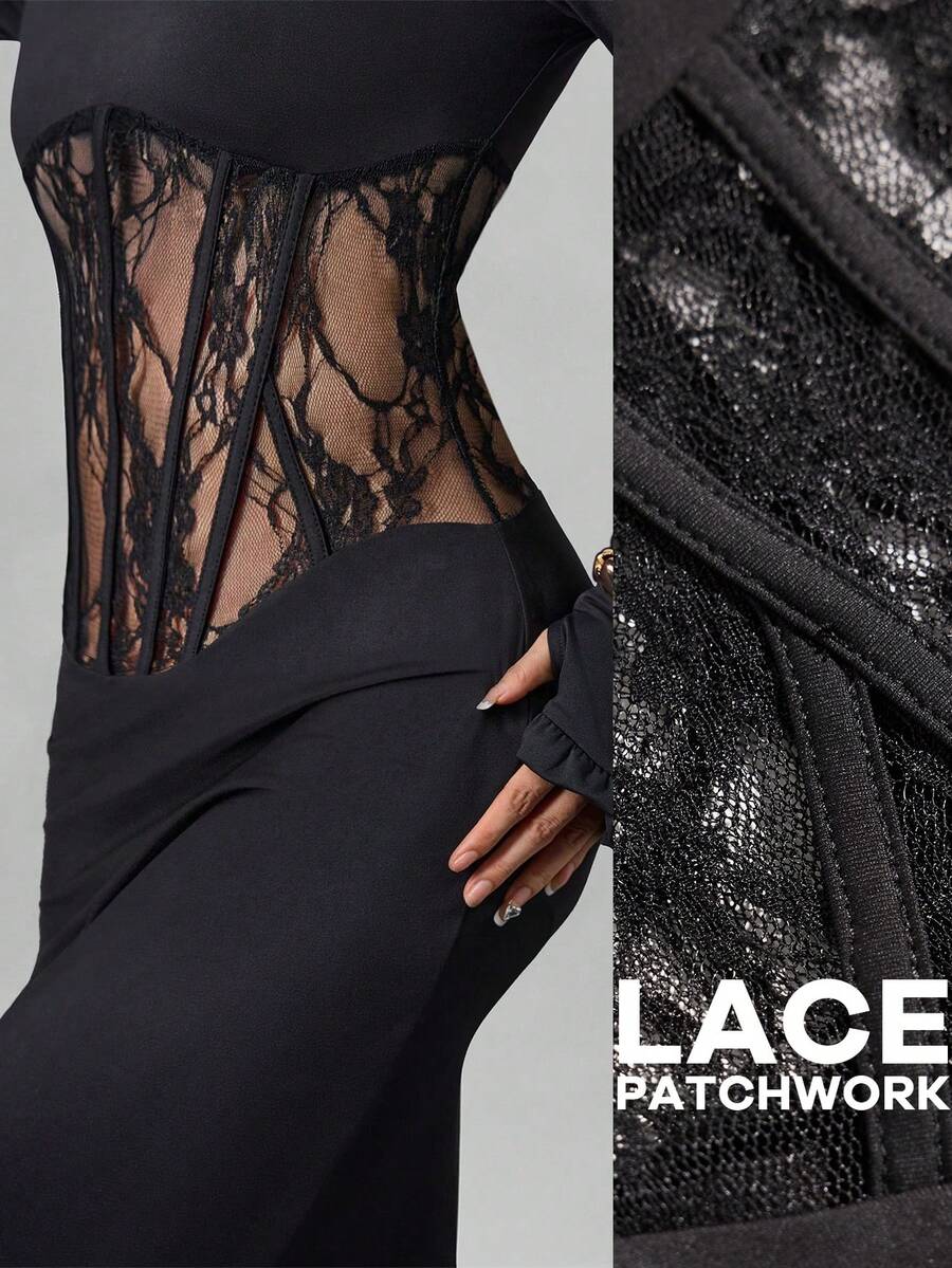 Avenya Solid Color Stand Collar Raglan Sleeve Fitted Waist Lace Hollow Out Dress - Black - View 1