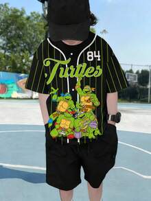 TEENAGE MUTANT NINJA TURTLES | SHEIN Tween Boy Striped & Cartoon Graphic Round Neck Short Sleeve T-Shirt - White - View 7