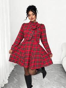 Elenzga Plus Size Women's Christmas Plaid Bow A-Line Mini Dress - Red - View 5