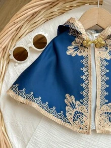 新生儿男/女宝宝可爱蓝色奢华金色花卉图案摄影服装 - 藍色 - 查看 6