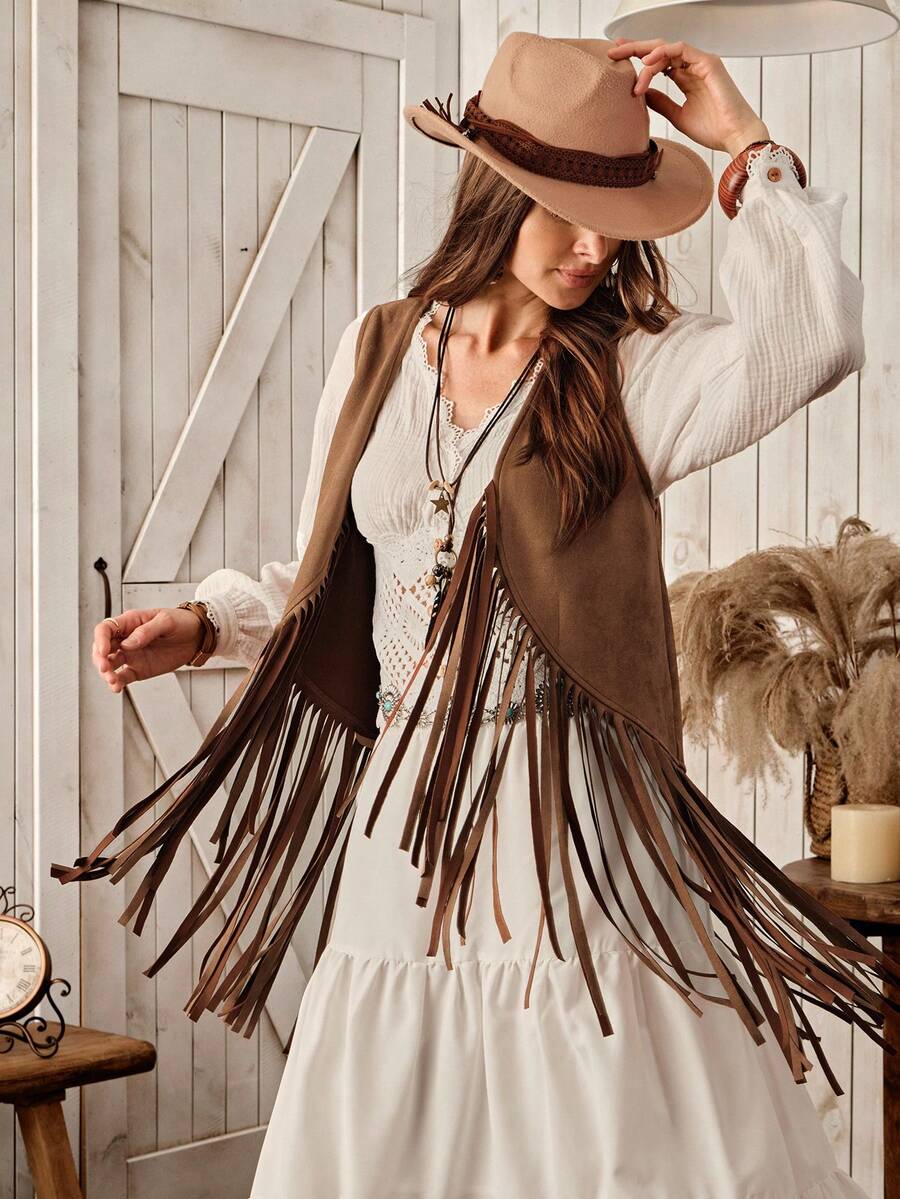 SHEIN Wildara 波西米亚风休闲乡村西部流苏无袖上衣，百搭基础款女装，适合所有季节 - 卡其色 - 查看 1