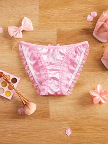 女童缎面蝴蝶结褶皱可爱蕾丝拼接内裤，青少年内衣 - 粉色 - 查看 1