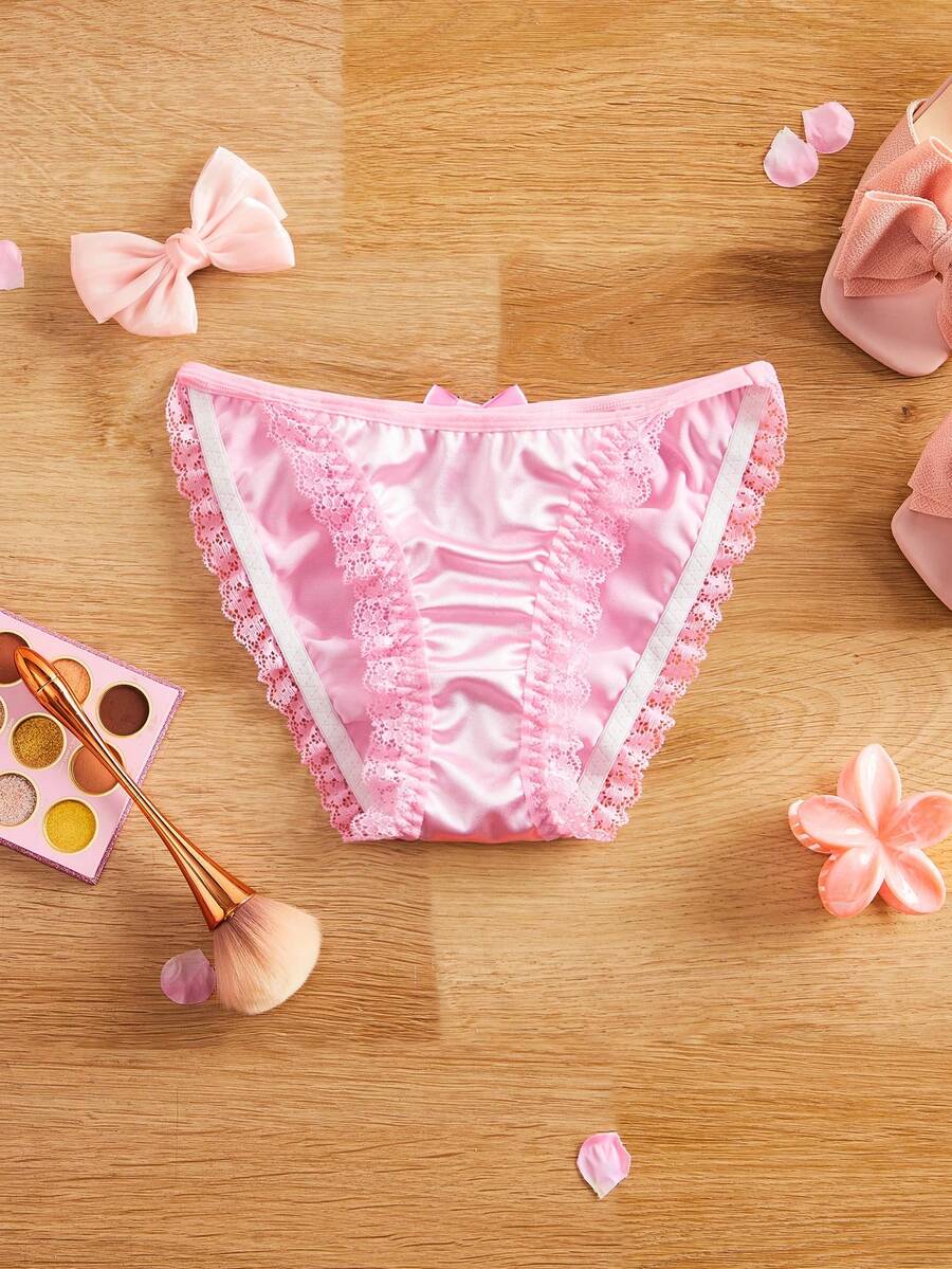 女童缎面蝴蝶结褶皱可爱蕾丝拼接内裤，青少年内衣 - 粉色 - 查看 1