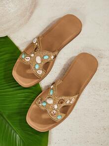 SHUZIA #BohoGlam Women's Shell & Gem Embellished Champagne Slide Sandals – Vacation Ready, Beach Ready & Effortlessly Luxe. - Champagne - View 6