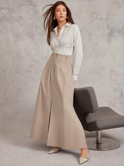 L'Amorae Women Midi Wide Skirt With Slit Business Casual Office Old Money