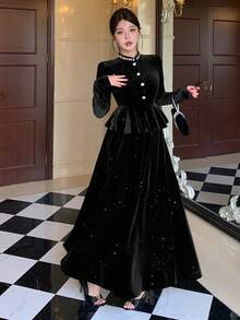 DAZY Women's Elegant Glitter Thermal Lined Top And Skirt 2 Pieces Set, Autumn/Winter