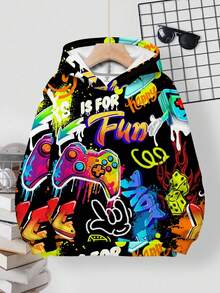 SHEIN Tween Boy Casual Minimalist Style Graffiti Handpainted Cartoon Game Console English Letter Sports Street Style Y2K Loose Comfortable Long Sleeve Hoodie, Suitable For Autumn/Winter Fall
