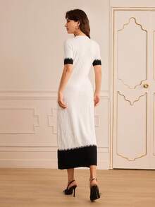 Lilora Vestido de punto de manga corta ajustado con bloqueo de color elegante, conjunto de ropa sofisticada y elegante para mujer de otoño/invierno a primavera/verano - Blanco y Negro - Ver 3