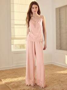 MOTF PREMIUM LACE TRIM PATCHWORK KNIT COMFORTABLE & ELEGANT PAJAMA SET - Pink - View 5