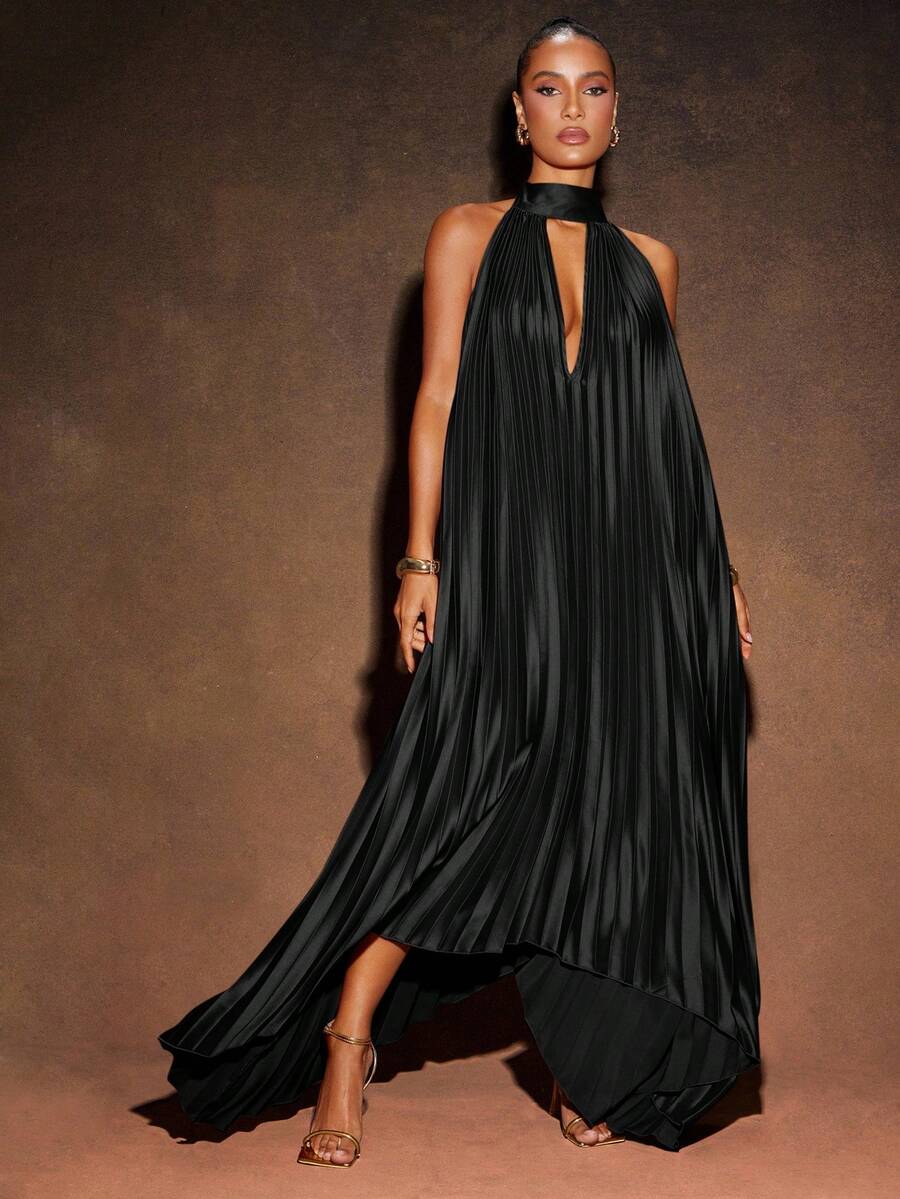 Hauture Sexy Elegant Vacation Pleated Solid High Low Backless Stand Collar Halter Maxi Dress - Black - View 1