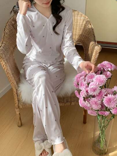 Adorable Pink Knitted Pajama Set For Teens Long Sleeve V Neck Geometric Pattern Comfortable Sleepwear