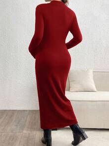 SHEIN Vestido largo ajustado, grueso y cálido deunicoloro con cuello mao, manga raglán y larga para maternidad - Rojo - Ver 2