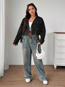 SHEIN EZwear Áo khoác trench coat đen cắt ngắn phong cách cổ điển cỡ lớn có cổ - màu đen - Xem 3