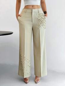 Shopreo Modern Fashion Pearl Embellished Pocketed Women's Elegant Press Crease Pants - Cream - View 3