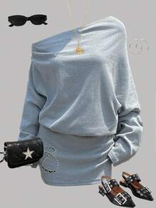 SHEIN Teen Girls Autumn New Arrival Velvet Asymmetrical Shoulder Long Sleeve Bodycon Dress - Grey - View 3