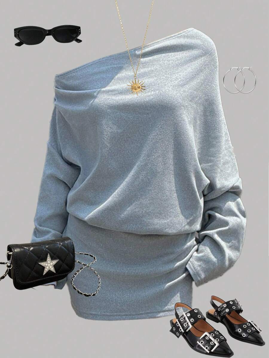 SHEIN Teen Girls Autumn New Arrival Velvet Asymmetrical Shoulder Long Sleeve Bodycon Dress - Grey - View 1