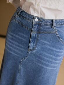 MOTF PREMIUM ZIP PLACKET SLANT POCKET MERMAID HEM MAXI DENIM SKIRT - Blue - View 2