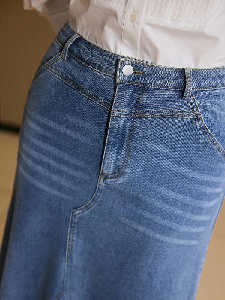 ZIP PLACKET SLANT POCKET MERMAID HEM MAXI DENIM SKIRT