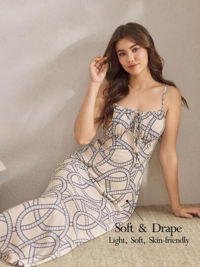 Ocili 舒适印花，简约风格，柔软休闲，抽象链条装饰，时尚秋季轻松舒适休闲女式睡衣