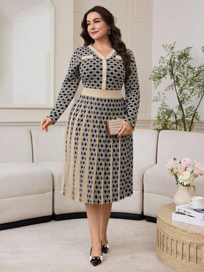 Modelyn Váy len họa tiết Argyle thanh lịch cỡ lớn, Thu/Đông