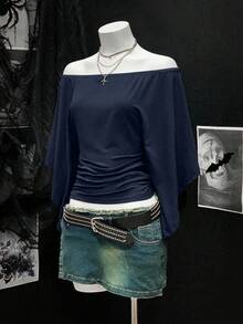 EgrlEra Vintage Off-Shoulder Solid Color Ruched Waist Long Sleeve T-Shirt - Royal Blue - View 4