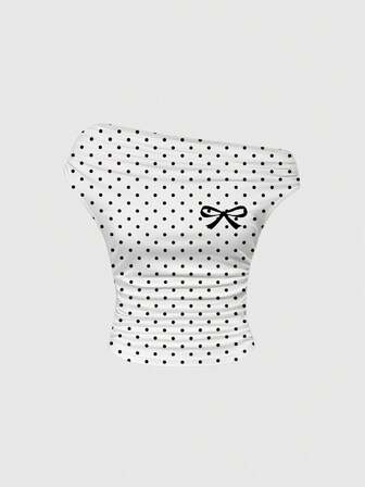 Grunge Punk Maglietta da donna con stampa a pois, fiocco, spalla asimmetrica e stampa completa in stile Y2K