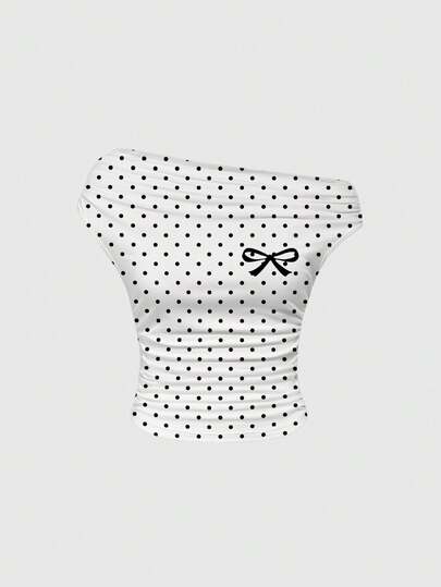 Grunge Punk Y2K Polka Dot Schleife Sexy asymmetrische Schulter Allover Muster Damen T-Shirt