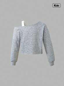 Sweetra 青少年女孩蝴蝶结印花不对称露肩不对称下摆休闲运动衫 - 灰色 - 查看 2