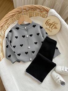 SHEIN 女婴休闲日常通勤全心形图案落肩宽松开衫及撞色滚边毛衣长裤套装，秋冬款 - 灰色 - 查看 7